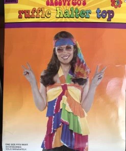 Dotsy's Entertainment Co. Women's Costumes 60's Groovy Hippie Ruffle Halter Top Tie Dye Costume Top